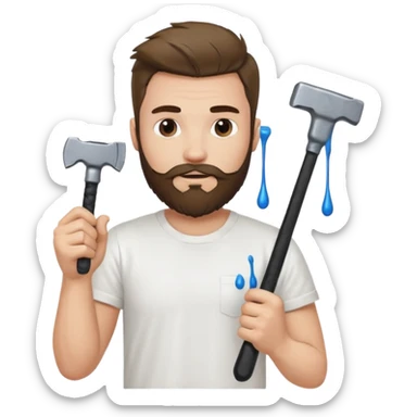  guy who looks very handsome, he has a beard, wears a white tee shirt with drops of paint on it and holds a black screwdriver in one hand and a black hammer in the other  sticker