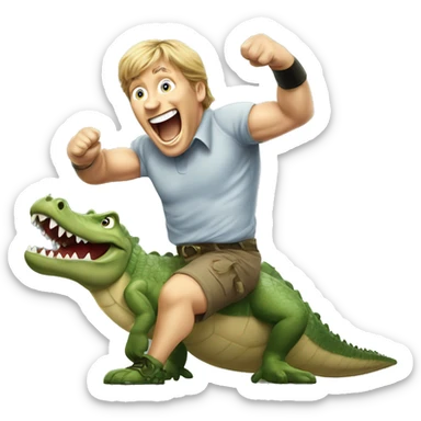 happy exited Steve Irwin boxing on a crocodile sticker