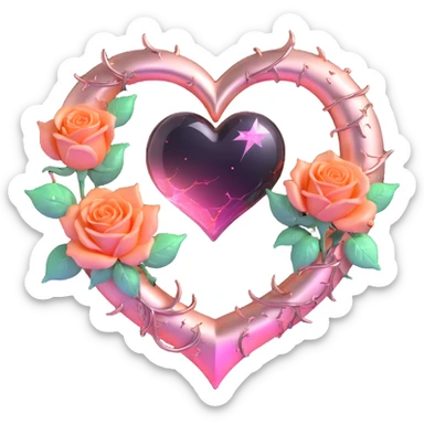 gothic heart made of rose gold glass, silver crescent moon, glowing blush pink roses, holographic stardust, neon orange lightning, wet and cracked glass sticker