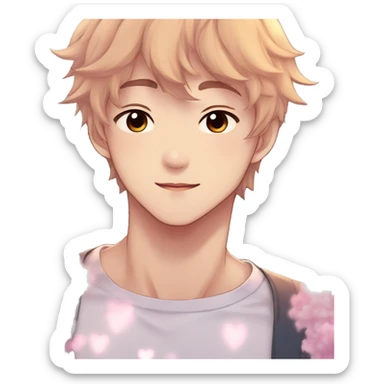 Gorgeous bright sparkly romantic Asian anime gentle man with blushing face aesthetic trending style outside sticker
