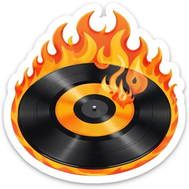 a black vinyl record on fire with a white center sticker sticker