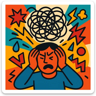 abstract visual of stress with tangled lines and chaotic shapes in vibrant toon style sticker