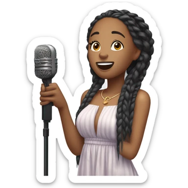attractive young black woman with her eyes closed with long box braids, flowy dress singing with a mic sticker