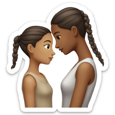 two girls are kissing, one of them has light skin, brown eyes, dark brown hair in a bun, the other has light skin, gray eyes and long brown straight hair sticker