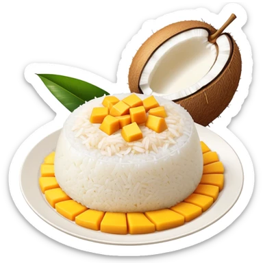 cinematic-realistic-mango-sticky-rice-dessert-emoji,-showcasing-sweet-sticky-rice out of a mould-paired-with-ripe-mango-slices-and-coconut-milk-rendered-with-lifelike-detail-and-warm,-inviting-lighting with the coconut  milk over the rice sticker