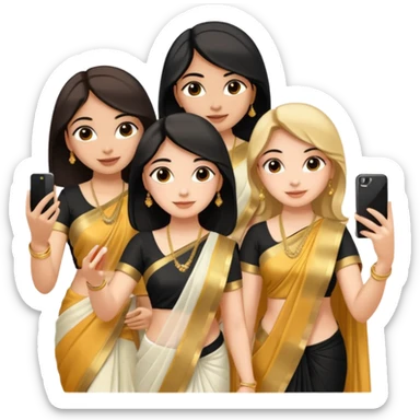 Three girls taking selfie one is wearing white saree second is wearing golden saree and the third is wearing black saree sticker