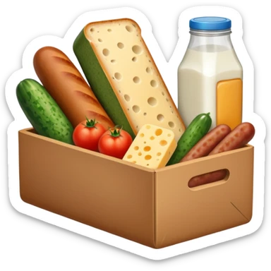 a box of groceries, sausage, cheese, canned meat, herbs, milk, tomatoes, cucumbers, and a loaf of bread sticker