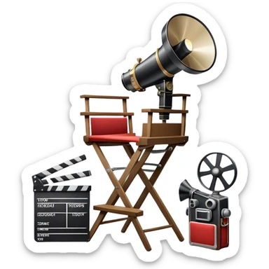Icon for Directing: a director's chair, a film clapperboard, large movie camera, vintage megaphone and a stage with a spotlight. The icon should represent the creative and organizational aspects of directing, with focus on storytelling, staging, and performance. Transparent background. sticker
