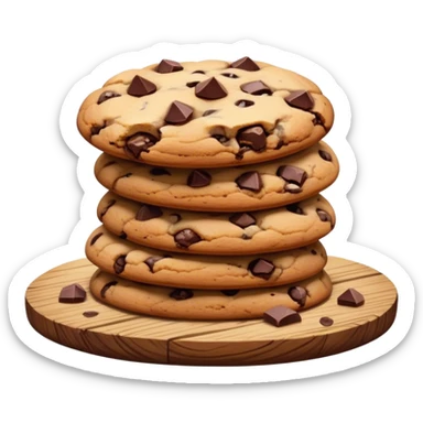 Cinematic crunchy chocolate chip cookies, freshly baked, golden-brown with gooey melted chocolate chunks, stacked on a rustic wooden plate, soft warm lighting, cozy and delicious. sticker