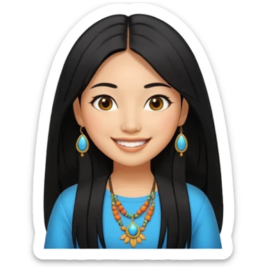 30 yr old asian woman hair trendy clothes center part big eyes big smile tanned skin straight black hair hippie part hair  sticker