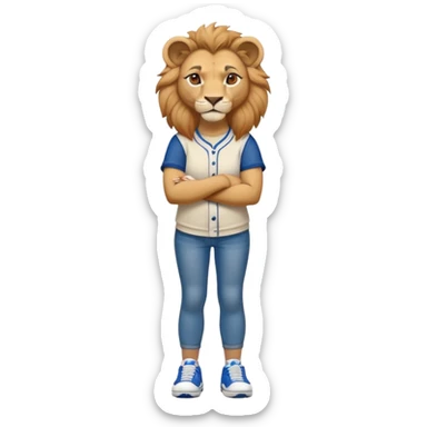 friendly anthropomorphised female lion wearing a baseball shirt, jeans, trainers, standing upright with arms folded, looking strong and confident sticker