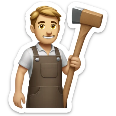 "A sturdy man with rough hands, short light brown hair, and a friendly, naive expression. He wears a work apron over simple clothes and holds a hammer" sticker