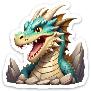 Cinematic Cute Yawning Giant Rock Dragon Portrait Emoji, Head tilted slightly with a dramatic, wide-open yawn, revealing a colossal, rugged body with weathered, rock-like scales and subtly drooping, earthy features rendered in authentic, stony texture; high shine, relaxed yet powerful, styled with a dash of timeless geological charm, soft glowing outline, capturing the essence of a sleepy but stoic rock behemoth ready to settle into an ancient, enduring slumber! sticker