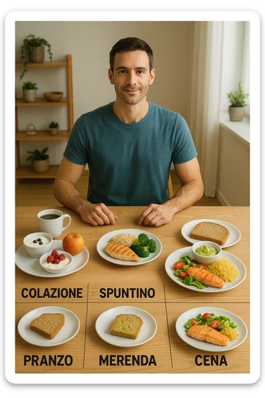 Uomo sereno con fisico sano e asciutto seduto davanti a un grande tavolo diviso in 5 sezioni, ognuna con un pasto bilanciato: colazione, spuntino, pranzo, merenda, cena. Ogni piatto ha porzioni equilibrate di proteine, carboidrati e grassi salutari. Ambiente ordinato, stile di vita sano, luce naturale, atmosfera di consapevolezza nutrizionale. in italiano sticker