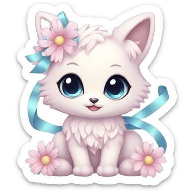 Anthro Cute Cool Blushing Pastel Innocent Shy Kawaii gorgeous sparkly ethereal fantasy animal creature with blue eyes furry sona with flowers and ribbons beautiful aesthetic sticker