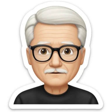 An elderly man with neatly combed white hair swept back and wears black rectangular glasses sticker