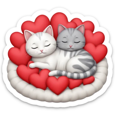 White cat and gray cat sleeping in a bed full of hearts sticker