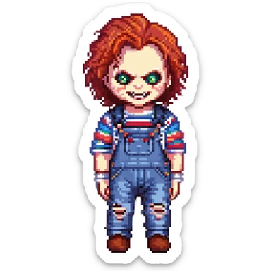 Make Chucky scarier by adding sharp teeth, glowing red eyes, and a more sinister smile in pixel art style. Keep the red hair, striped shirt, and overalls, with no background. sticker