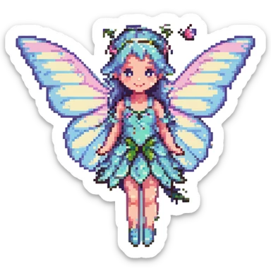pixel art fairy with butterfly wings, flying, pastel colors sticker