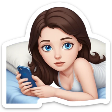 Brunett white girl with blue eyes, laying on stomach  In bed at night , using her iPhone sticker