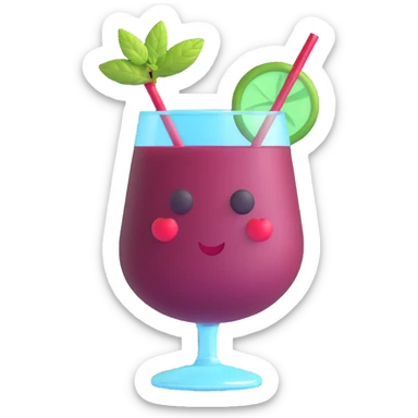 3D emoji style cocktail glass with burgundy drink and a mint sprig sticker