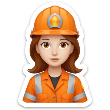 GAROTA BRANCA DE CABELOS CASTANHOS COMPRIDOS, UNIFORME DE TRABALHO LARANJA E CAPACETE LARANJA sticker
