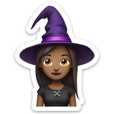a young white thin girl with straight brown hair and dark eyes dressed as a witch with purple hat sticker
