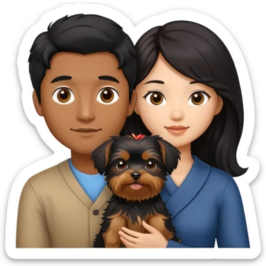 A couple holding a small Yorkshire Terrier together. The girl is Asian with long, luscious wavy black hair (loose, no hair tie). She is next to her boyfriend, a brown-skinned man with short middle part hair sticker