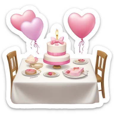 pink romantic party setting for two people and heart balloon  table with white cloth and candle with bows on the table and white Korean cake sticker