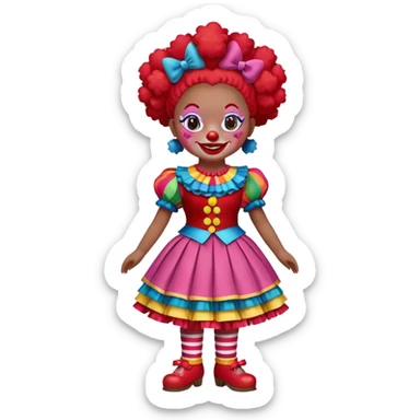 A 2D digital illustration of a cheerful female clown doll designed as the mascot for "O Mundo da Alegria", a circus run by women. The doll is wearing a red short-sleeve shirt with a red vest, and a colorful multicolor skirt featuring hues from the established palette (#da292a red, #dc6a68 pink, #e6b031 gold, #0cc0df light blue, #7ed957 green). She has small green bows on her head, rosy pastel pink cheeks, big expressive eyes, and curly black hair. The doll’s skin is warm brown. The image should be centered in a round white background (no yellow or other background color). The style should be cute, charming, vibrant, and full of joy, representing inclusivity, female empowerment, and circus magic. This is the official character and logo image for the Mundo da Alegria universe. sticker