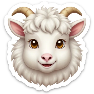 Cinematic Cute White Goat Portrait Emoji, Head tilted playfully and inquisitively, featuring a fluffy, immaculate white fur with charming curved horns, round, sparkling eyes filled with gentle curiosity, Simplified yet irresistibly adorable features, highly detailed, glowing with a warm, friendly glow, high shine, affectionate and lively, stylized with a touch of whimsical charm, bright and endearing, soft glowing outline, capturing the essence of a mischievous yet loving goat, so playful it feels like it could trot out of the screen and into your arms! sticker