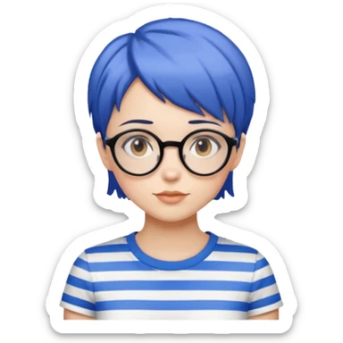 A girl with blue and black striped short hair with clear circle glasses with brown eyes and a white t-shirt sticker