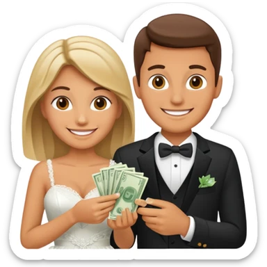 a newlywed couple holding money sticker