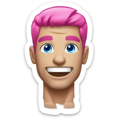 Overly muscular man with pink hair and blue eyes lifting weights in a gym sticker