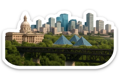 Remove the sky and clouds from the previous Edmonton emoji, keeping everything else exactly the same: the skyline with the Alberta Legislature Building, Muttart Conservatory, High Level Bridge, lifelike detail, accurate colors, bright lighting, wide city view. Maintain a fully transparent background and do not change anything else. sticker