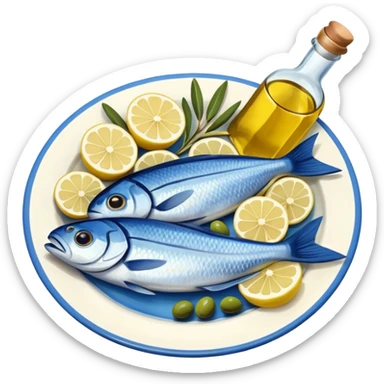 Mediterranean cuisine humanless avatar in clean emoji-style illustration. Olive oil, fish, lemon, blue and sunny colors, light and fresh mood, flat design, high contrast. sticker