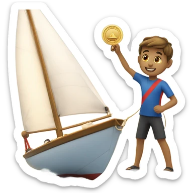 boy puts medal on his sailing boat sticker