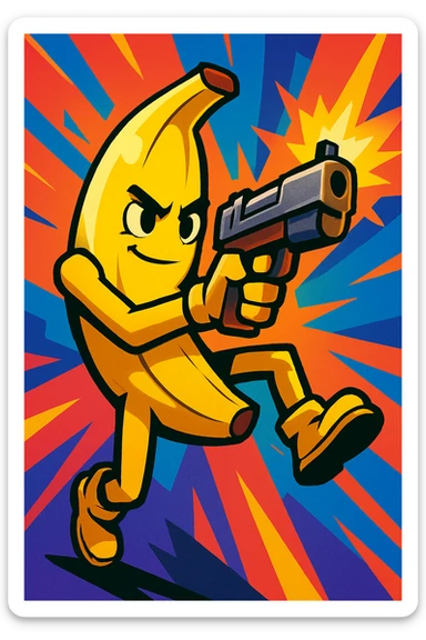 banana pistol in Fortnite style, dynamic action pose, comic-inspired look, high contrast, colorful background, youthful and energetic sticker
