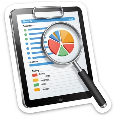 Checking and auditing estimate documents with search icon and infographic chart sticker