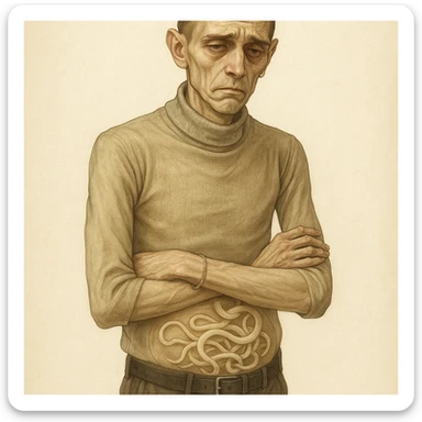 Create a realistic or semi-realistic style image of a 30-year-old man inspired by the reference image. The man should have a sickly appearance from intestinal parasites, with a gaunt face, yellowish skin, and visible discomfort. Show signs of malnutrition and subtle worms or parasites visible in the abdomen. Use a medical illustration style and convey a health risk mood. sticker