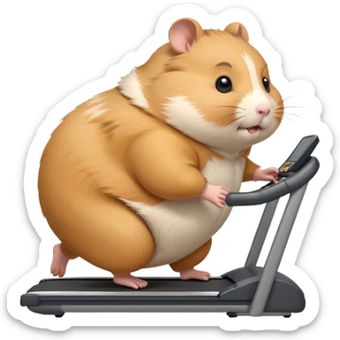 fat hamster big belly trying to run on treadmill sideways desperately trying to catch up with speed sticker