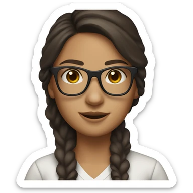 character with lightly tanned fair skin,  She is wearing wayfarer-style glasses with a black upper frame and has small gold hoop earrings.  brown hair,blue eyes. Her dark brown hair The character is a female IT developerworking with a MacBook
 sticker