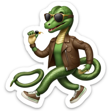 friendly anthropomorphised snake in sunglasses, jacket and sneakers, walking with a smile sticker