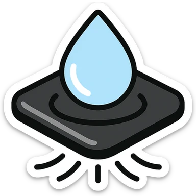light blue or silver water droplet sliding on glossy black mirror-like paint, main color glossy black, subtle repellent effect with water lines moving away, modern and clean icon sticker