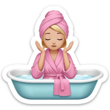 A woman sitting on the edge of a bathtub, wearing a pink bathrobe and towel on her head, one hand on her shoulders and eyes closed  sticker