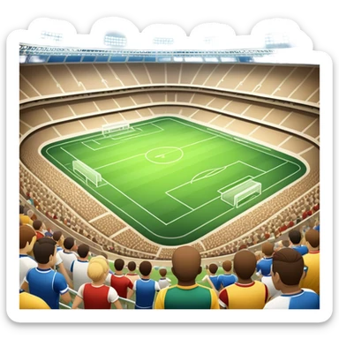 An icon featuring a large stadium with a football match in progress, players in action on the field, and a cheering crowd in the stands. Bright floodlights illuminate the pitch, creating an intense atmosphere of competition. The transparent background highlights the thrill of live sports events. sticker