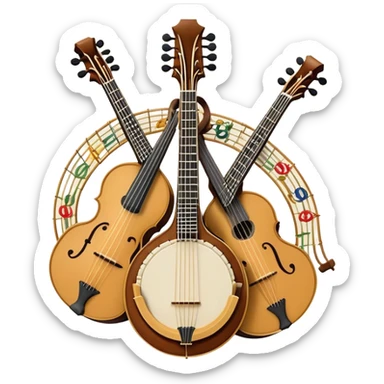 Design a sophisticated and festive emblem-like emoji representing plucked and stringed instruments. The layout should resemble a heraldic crest, featuring iconic instruments like a banjo, mandolin, domra, and sitar, artistically arranged in an elegant and symmetrical way. The necks of the instruments should be intertwined with a flowing ribbon of musical notes, winding around the strings and fretboards. The design should be detailed, showcasing the intricate carvings on the instruments, visible strings, and fret markers. Use a rich color palette with deep golds, browns, and vibrant accents to evoke a sense of luxury and celebration. The musical notes should appear to float around the instruments, connecting them in a graceful, dynamic way. Include ornate flourishes or decorative elements like laurels, swirls, or subtle engravings to give the image a professional, emblematic appearance. The background should be transparent. sticker