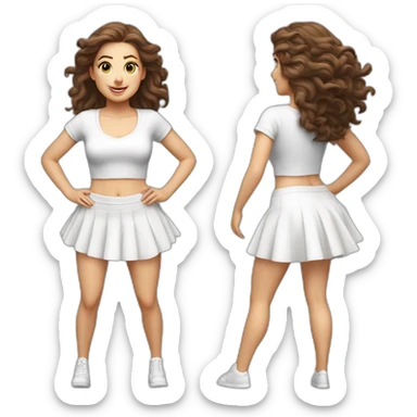 Hyperrealistic Full body Caucasian curvy beauty jumping short white skirt back and front views strong wind sticker