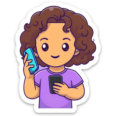 brunette girl with curly medium length hair, brown eyes, slightly tan skin, holding a phone sticker