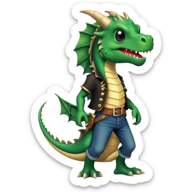 anthropomorphised dragon in a band t-shirt and jeans with a pirate eye-patch walking upright, relaxed pose sticker